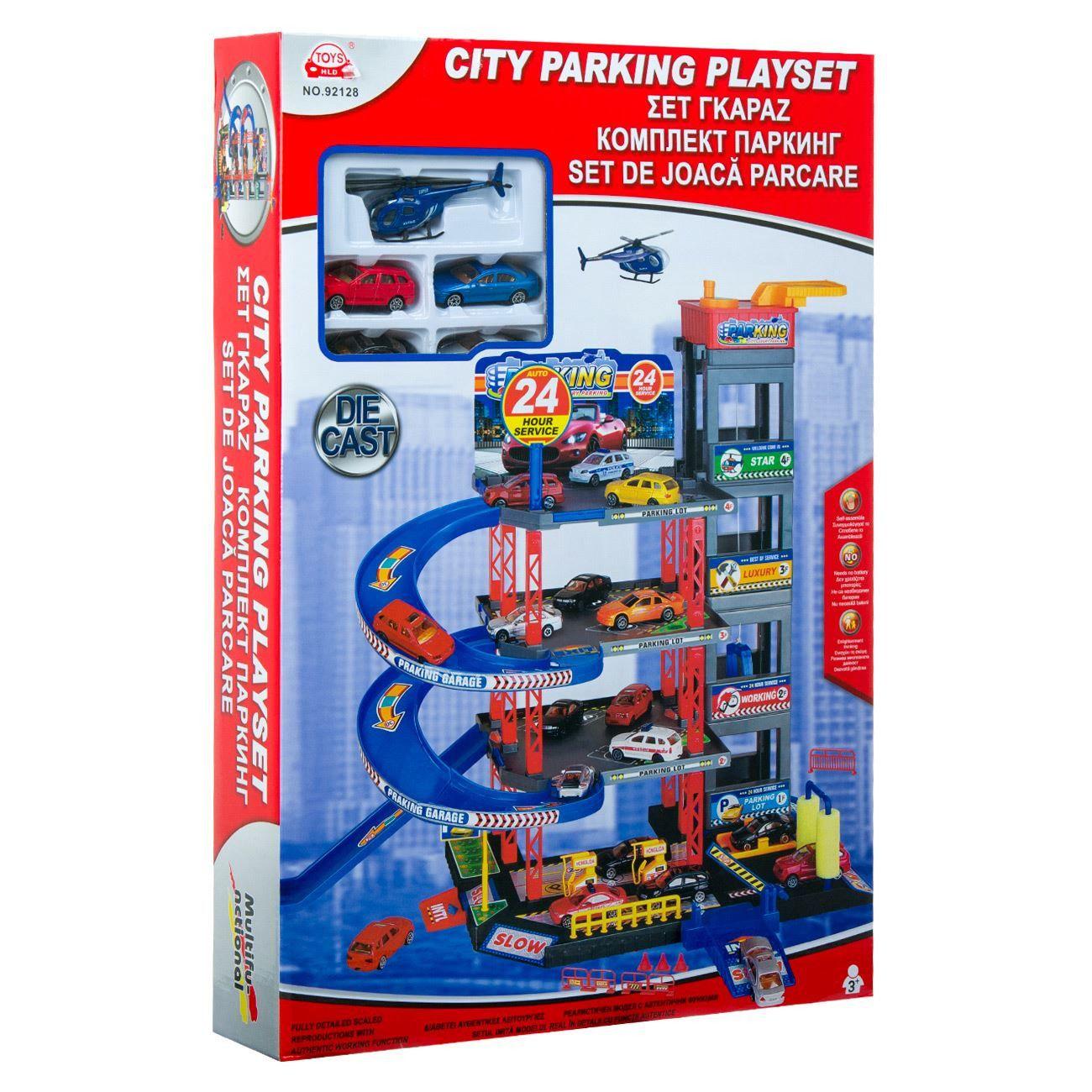 Set de joaca Parcare supraetajata pe 4 niveluri x 4 vehicule x 1 elicopter