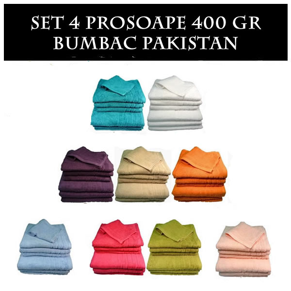 Set 4 prosoape bumbac 400 gr. densitate: 2 fata si maini + 2 pentru corp