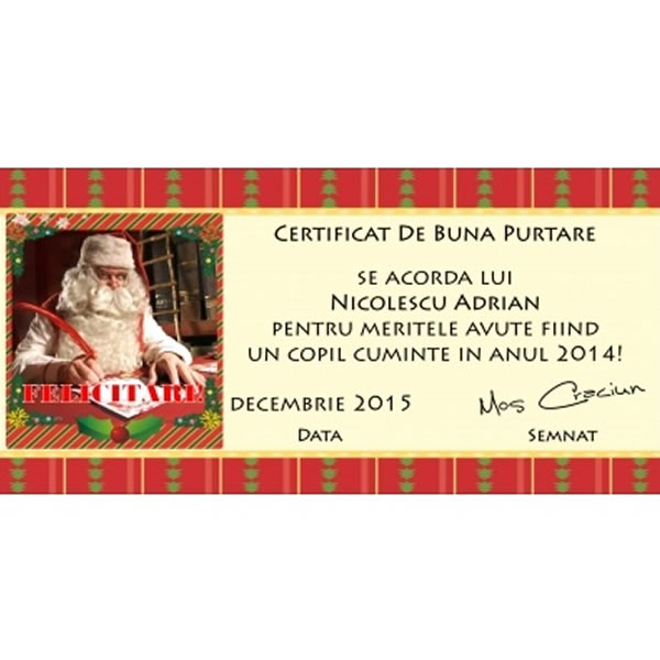 Scrisoare personalizata + Certificat Buna Purtare + Plic de la Mos Craciun