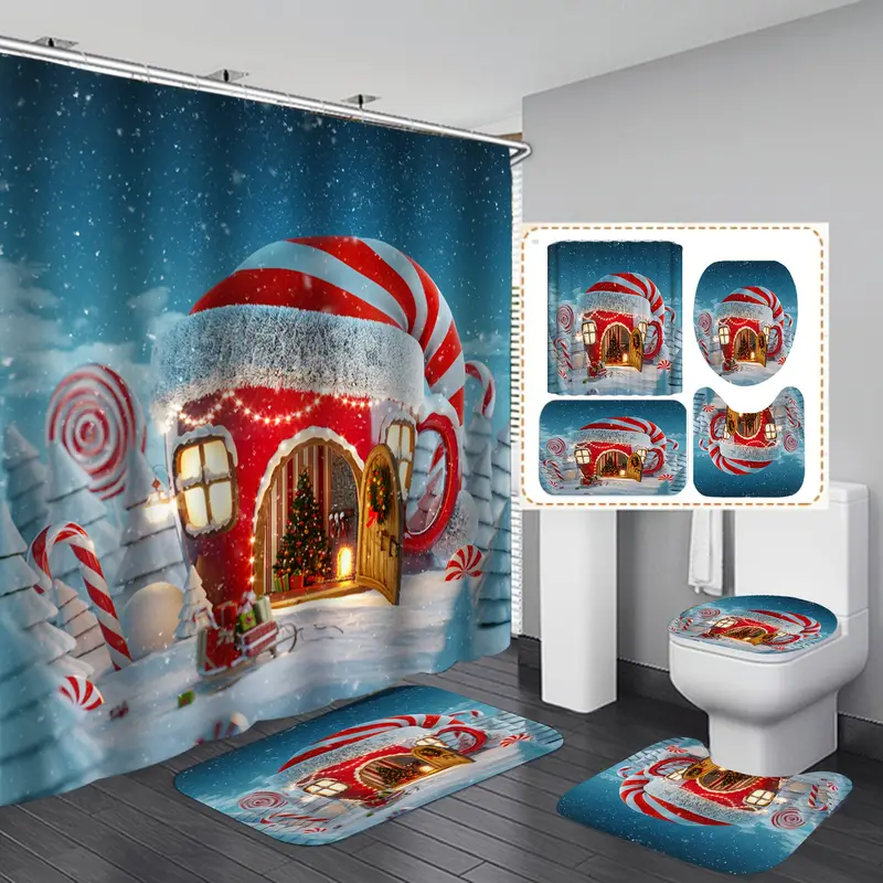 Set baie 4 piese: perdea, covorase si husa de toaleta, Christmas Home