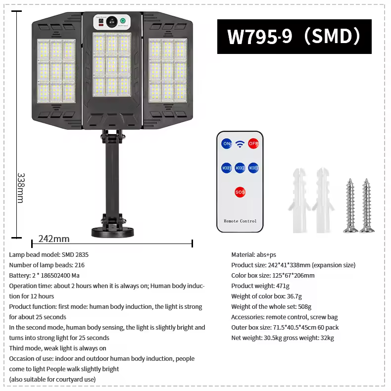 Lampa solara tripla 30 W, 264 LED SMD
