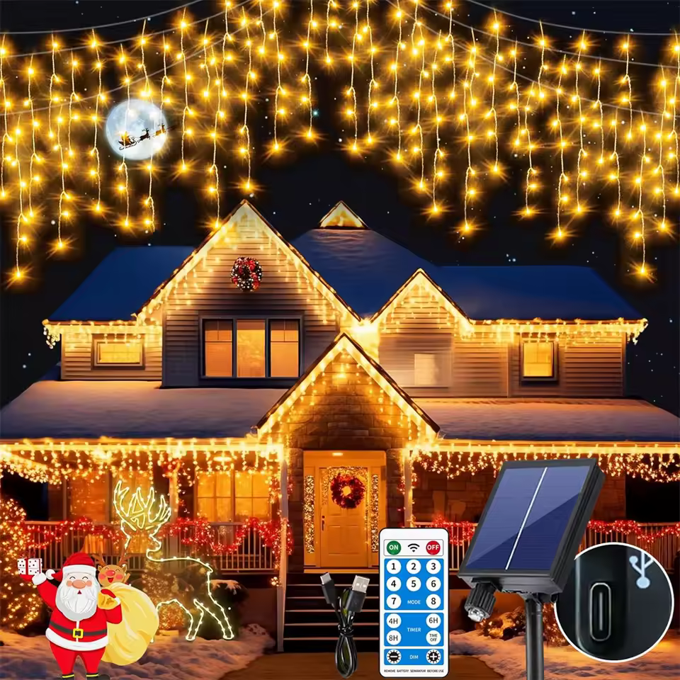 Instalatie solara franjuri 320 LED, Alb cald, 12 metri