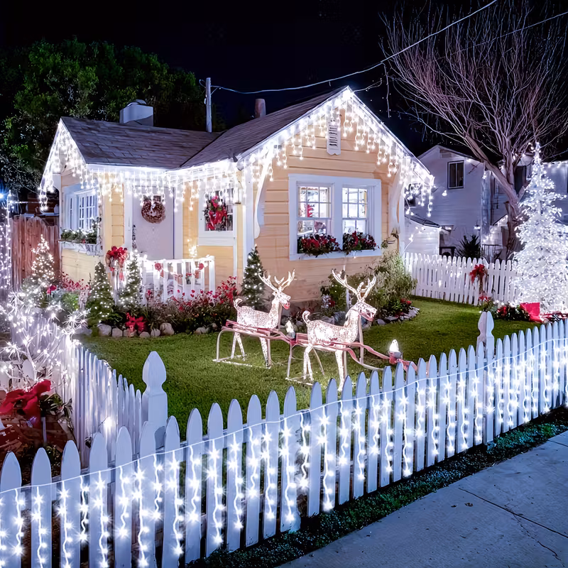 Instalatie franjuri, 300 LED, 12 metri, 8 jocuri de lumini, Alb rece